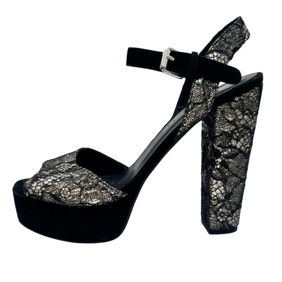 KURT GEIGER BLACK LACE OVER SILVER GLITTER PLATFORM HEELED SANDALS - Picture 1 of 14